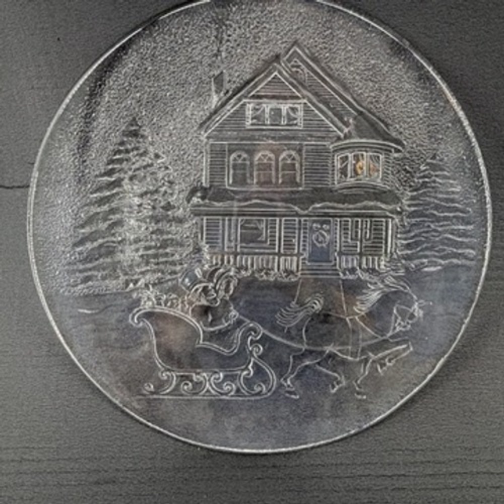 Vintage Clear Embossed Glass Winter Sleigh Ride Victorian House Platter 12.5in